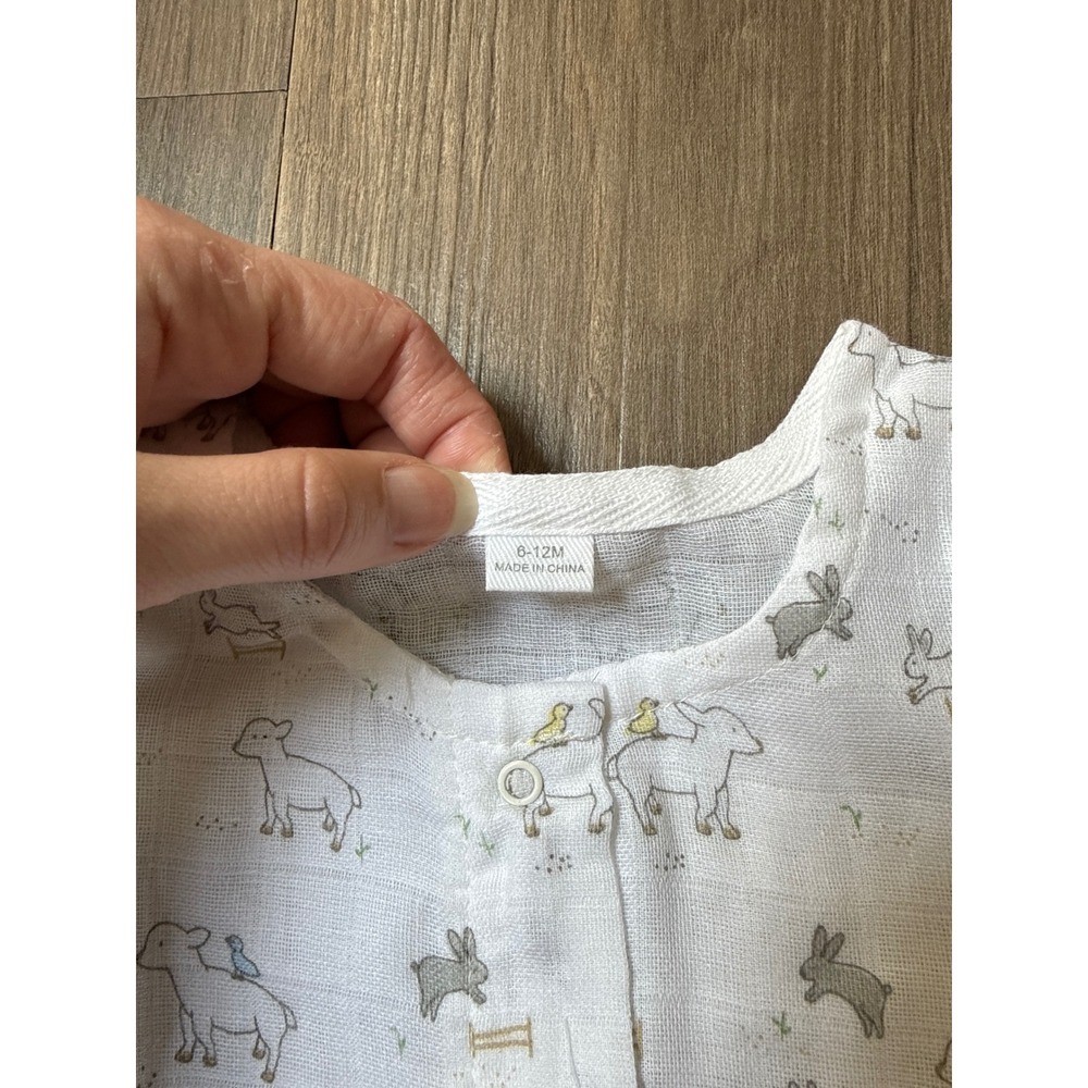 NWOT Mud Pie Muslin Sleep Sack 6-12 Months White Sheep Bunnies Cloth Bag - Picture 3 of 6